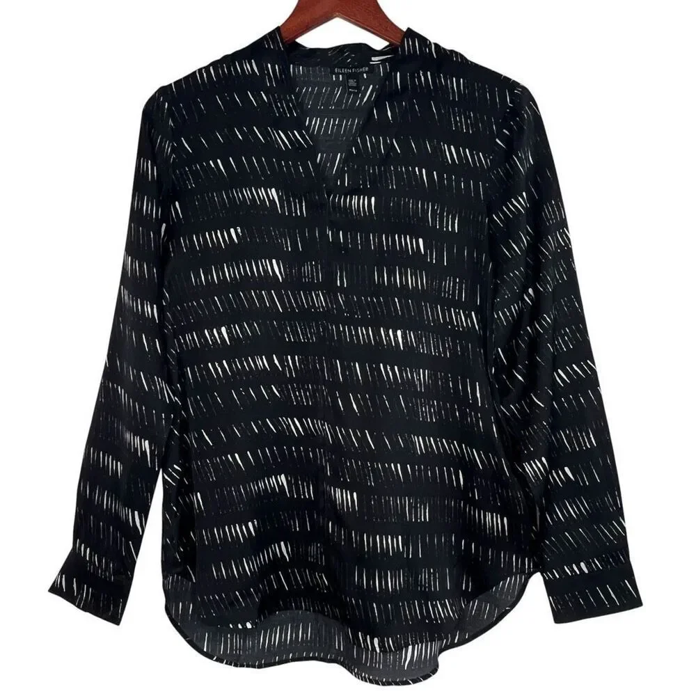 Eileen Fisher Womens Silk Organic Cotton Dash V-Neck Blouse Shirt Black Size XS